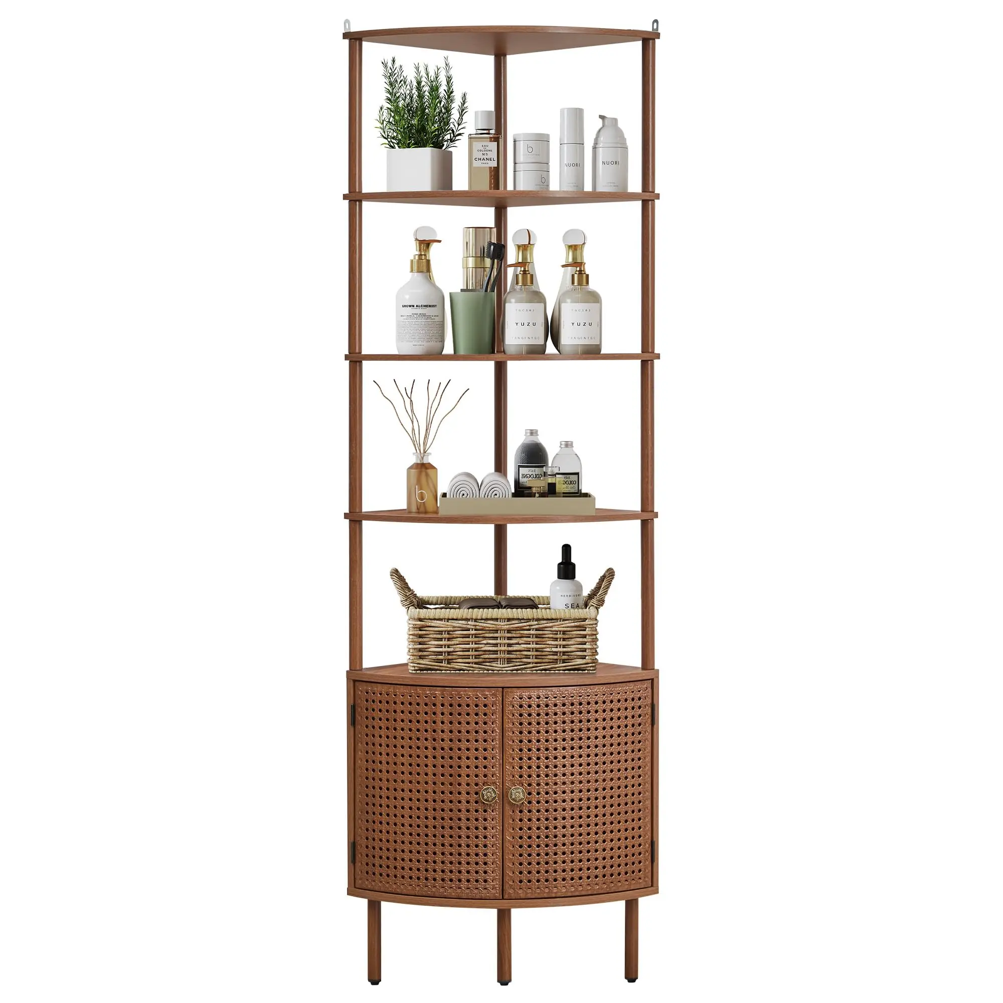 Giratree 66.92'' Tall Corner Shelf Stand 4 Tier, Corner Bathroom Cabinet with Metal Rattan Doors, Black Corner Storage Shelf Cabinet for Bar Liquor, Kitchen Pantry Hutch, Living Room