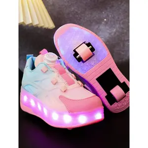 USB Rechargeable LED Light-Up Pink Sneakers, High-Top Colorful Roller Skates Unisex, Cool Light-Up Casual Sneakers, Suitable for Daily Life and Travel