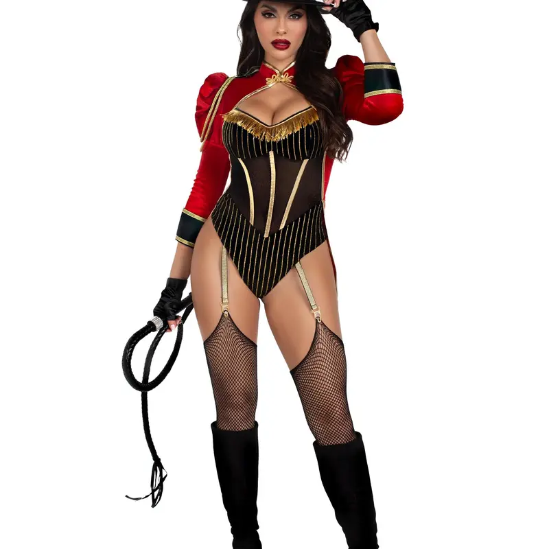 Leg Avenue Women's Fit Halloween Clothes for Women Curve-Hugger Ringmaster Costume - Sheer Teddy Bodysuit Top, Hat, Drip-Dry Feature