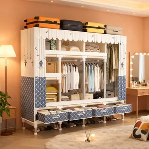Portable Wardrobe, Freestanding Closet Hanging Organization, Metal Frame with Multicolor Fabric Cover, 5 Storage Compartments, 3 Hanging Rods, 4 Drawers,Easy to assemble, metal support,sturdy and durable, suitable for rentals, apartments, moving, foldable