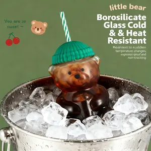 Glass Cup Cartoon Bear, Creative Glass Cup with Reusable Straw, Teddy Bear Water Cup, Pop Animal Design, Perfect for Ice Shakes, Soda, Milk Tea, Drinkware