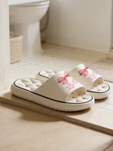 1 Pair Pink Bow Star Themed Printed Hollow Massage Thick Sole Slippers, Sweet Girl Style, Non-slip Soft Sole, Quick-dry for Bathroom, Indoor & Outdoor Dual-use, Open Toe Slides, Bathroom Casual Slippers