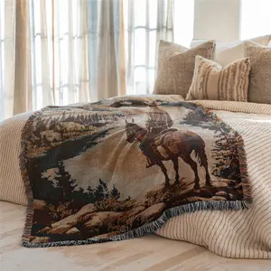 Multi-Function Tassel Woven Blanket - Western Cowboy Pattern Bed Blanket, Also for Sofa Cover Couch Throw Blanket Armchair Home Decor Room Wall Art Tapestry Furniture Slipcover Tablecloth Shawl Outdoor Picnic Camping Beach Towel Office Nap Hippie