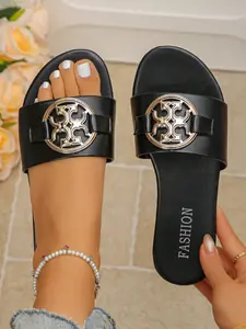 Women's Metal Dual-T Logo Decor Sandals, Faux Leather Anti-Slip Wear-Resistant, Slip-Ons for Daily Commute, Beach Vacation, Summer Streetwear