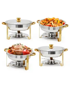 GARVEE 4 Pack 5 QT Round Buffet Servers and Food Warmer Set with Lid, Stainless Steel Chafing Dishes for Catering, Parties, Weddings, and Banquets in Elegant Gold Finish