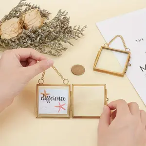 2Pcs Tiny 2.36inch Vintage Mini Hanging Photo Frames, Double Glass Folding Hinged Display, Small Gold Brass Picture Frames for Pressed Flowers, Dried Plants, Mini Photos, Cute Wall Decor for Home, Bedroom, Office