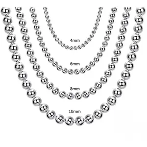 925 Sterling Silver 4MM/6MM/8MM/10MM Smooth Beads Ball Chain Necklace For Women Men Fashion Jewelry