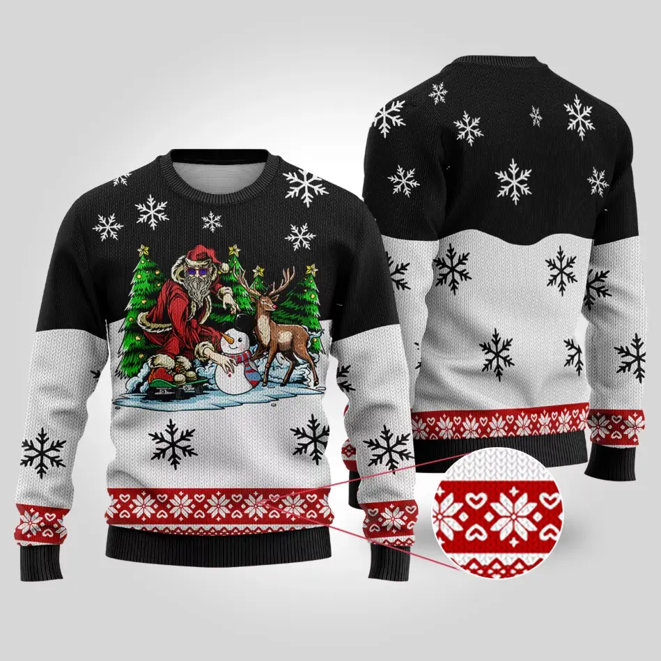 Funny Santa Ugly Christmas Sweater – Cool Hip-Hop Santa with Reindeer & Snowman Design | Trendy Holiday Knit Pullover ️
