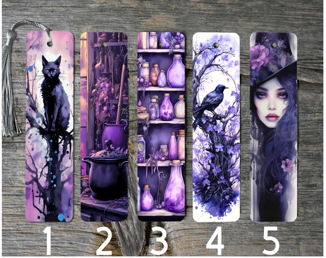 Purple Witchy-Themed Metal Bookmarks with Tassels, Printed Art, High-Gloss Finish, Durable 2x6 in Literature & Art Book Accessories, Unique Gift for Book Lovers, Teachers