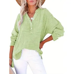 Womens Casual Button V Neck Long Sleeve Shirts Oversized Solid Blouses Tops Womenswear