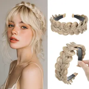 Wide Braided Headbands Hair Piece for Women Synthetic Hair Hoops Head Bands with Teeth Handmade Braid Hairband Accessories Sunny Blonde 1PC