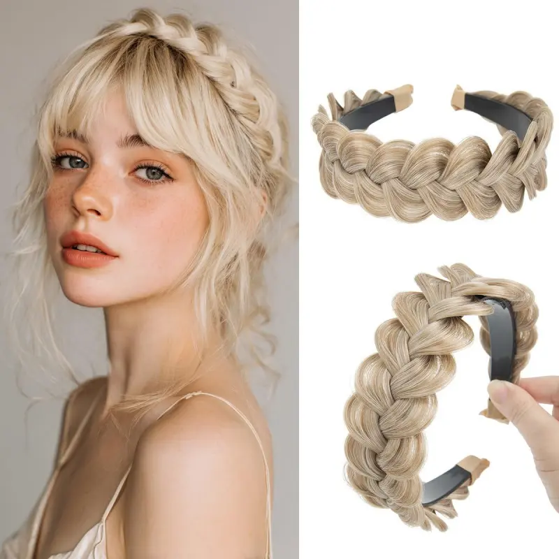 1PC Women Wide Braided Hair Headband With Teeth Handmade Synthetic Hair Hairpiece Sunny Blonde Non Slip Chic Fashion Hair Styling Accessory Daily Outfit Matching Hair Decor