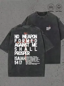 Men's Christian T Shirts - Washed Vintage ISAIAH 54:17 Bible Verse Tee, Double-Sided Scripture Print, "No Weapon Formed Against Me" Heavyweight Cotton Shirt, 100% Breathable Cotton, Streetwear Trendy Religious Tee