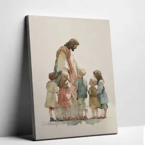 Jesus with Children Canvas Wall Art, Christian Nursery Decor, Bible Story Watercolor Print for Kids Room Baby Nursery, Christian Gift