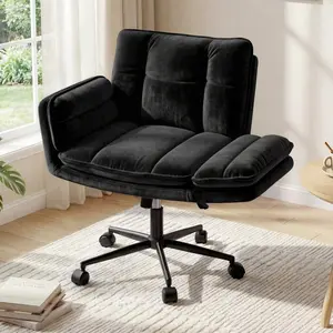 Criss Cross Chair with Wheels, Plush Fleece Vanity Chair, Adjustable Armrests Ergonomic Office Chair, Comfy Swivel Desk Chair for Bedroom Makeup Living Room Home Office Study Room, Black