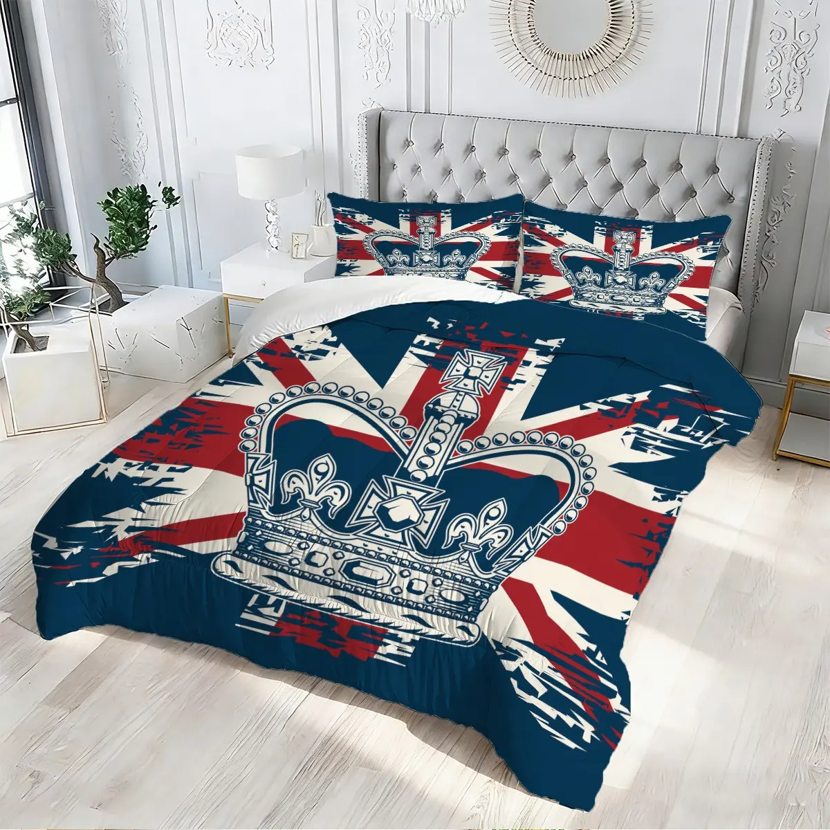 [Comforter Set] 2/3pcs British Flag St Edward’s Crown Comforter Set | Modern Grunge Union Jack Bedding Set, Soft Lightweight Quilt for All Seasons, Perfect Bedroom Decor, Cozy Bedding Essentials for Home Decor & StylePillow Insert Not Included