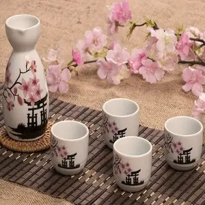 Japanese Sake Set (5 Pieces), Hand-Painted Ceramic, Traditional Cherry Blossom Design, Includes Sake Bottle and Four Cups, Perfect Gift and Collection