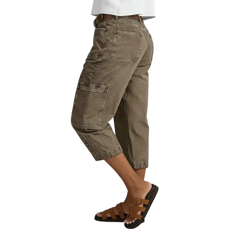 Flamingals Patch Pocket Seam Front Mid Rise Straight Leg Capri Pants Womenswear Stretchy 18.9" Inseam