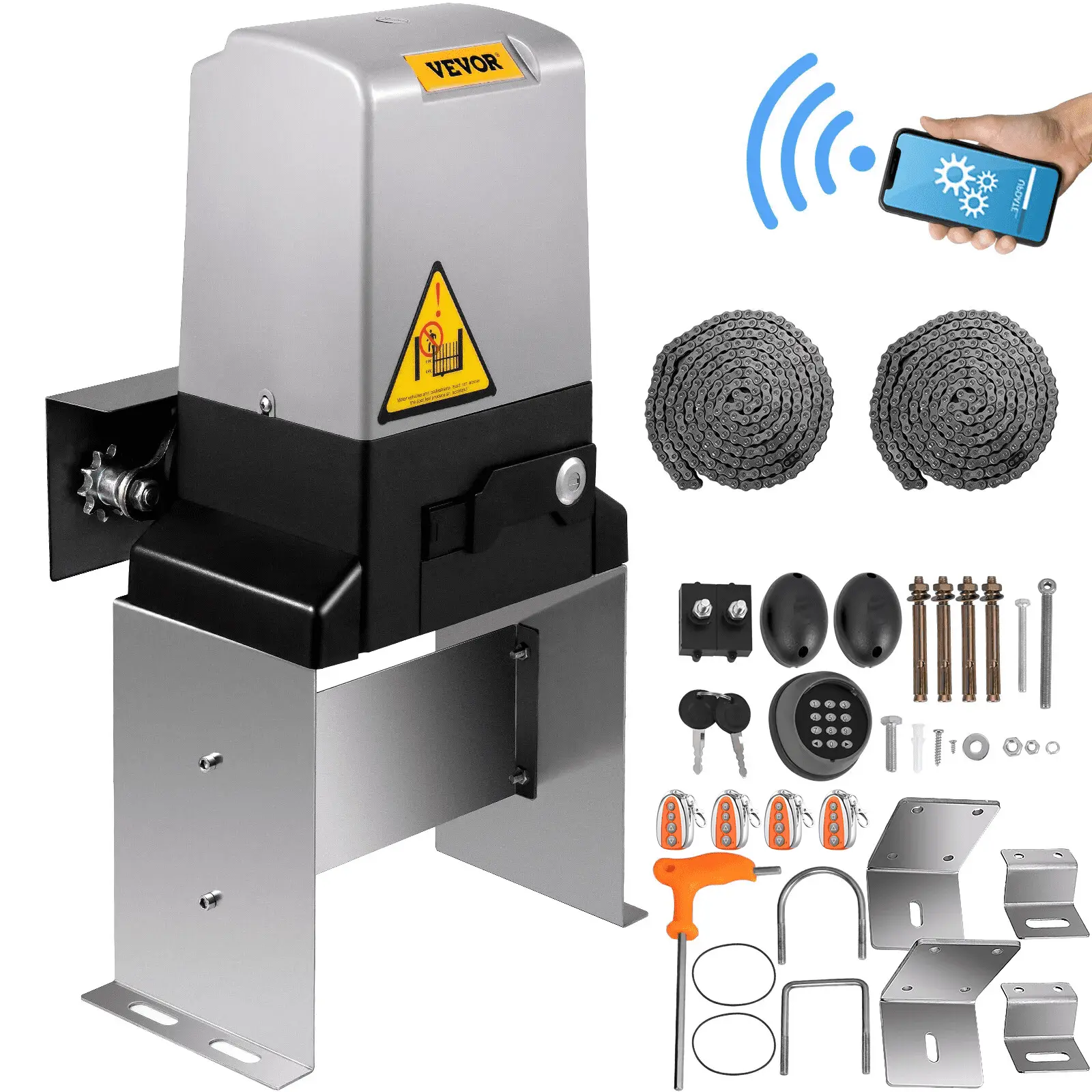 VEVOR 750W Durable Automatic Sliding Gate Opener, 3300 LBS Capacity for Outdoor Driveway Gates, Chain-Operated Motor with 2 Remote Controls (230 ft Range), WiFi Smart Home Compatibility, Waterproof ABS Plastic, Galvanized Steel Plate Base, Infrared Sensor