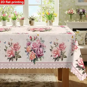 2D Flat Party Tablecloth 1pc, Romantic Vintage Rose Daisy Pattern, French Elegant Floral Print, Home Kitchen Dining Set, Indoor Outdoor Use