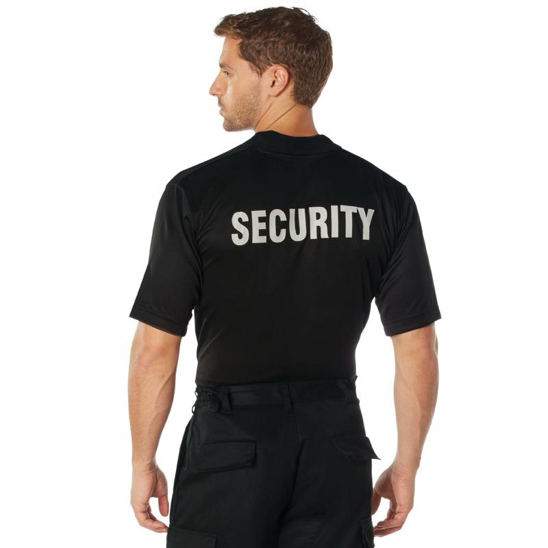 Rothco Moisture Wicking Security Guard Polo with Printed Badge - Menswear Shortsleeve Black Polyester Uniform Shirt for Security Personnel, Security Guards Bouncers Event Staff Public Safety Man Top 3-Button Collar