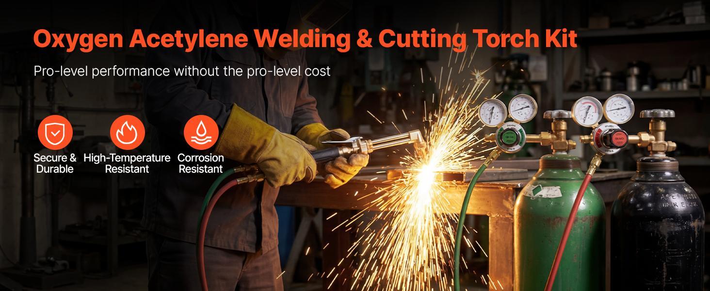 【BackToSchool】VEVOR Brass Oxygen Acetylene Torch Kit for DIY Enthusiasts - Portable High-Temp Resistant Gas Welding,Cutting,Brazing Set with Check Valves,15ft Durable R-Grade Hose (300~psi hose pressure),1 Cutting Tip,3 Welding Tips,2 Regulators,Metal Too