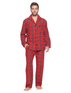 Ashford & Brooks Men's Long Sleeve Woven Pajama Set - Polyester-Cotton Blend, Red/Black Stewart, Shirt Included, Large
