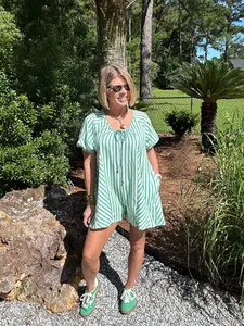 No Label Lori Seeing Stripes Romper Green Oversized Short Sleeve Puff Sleeve with Drawstring Neckline & Side Pockets Casual Spring Summer Fashion