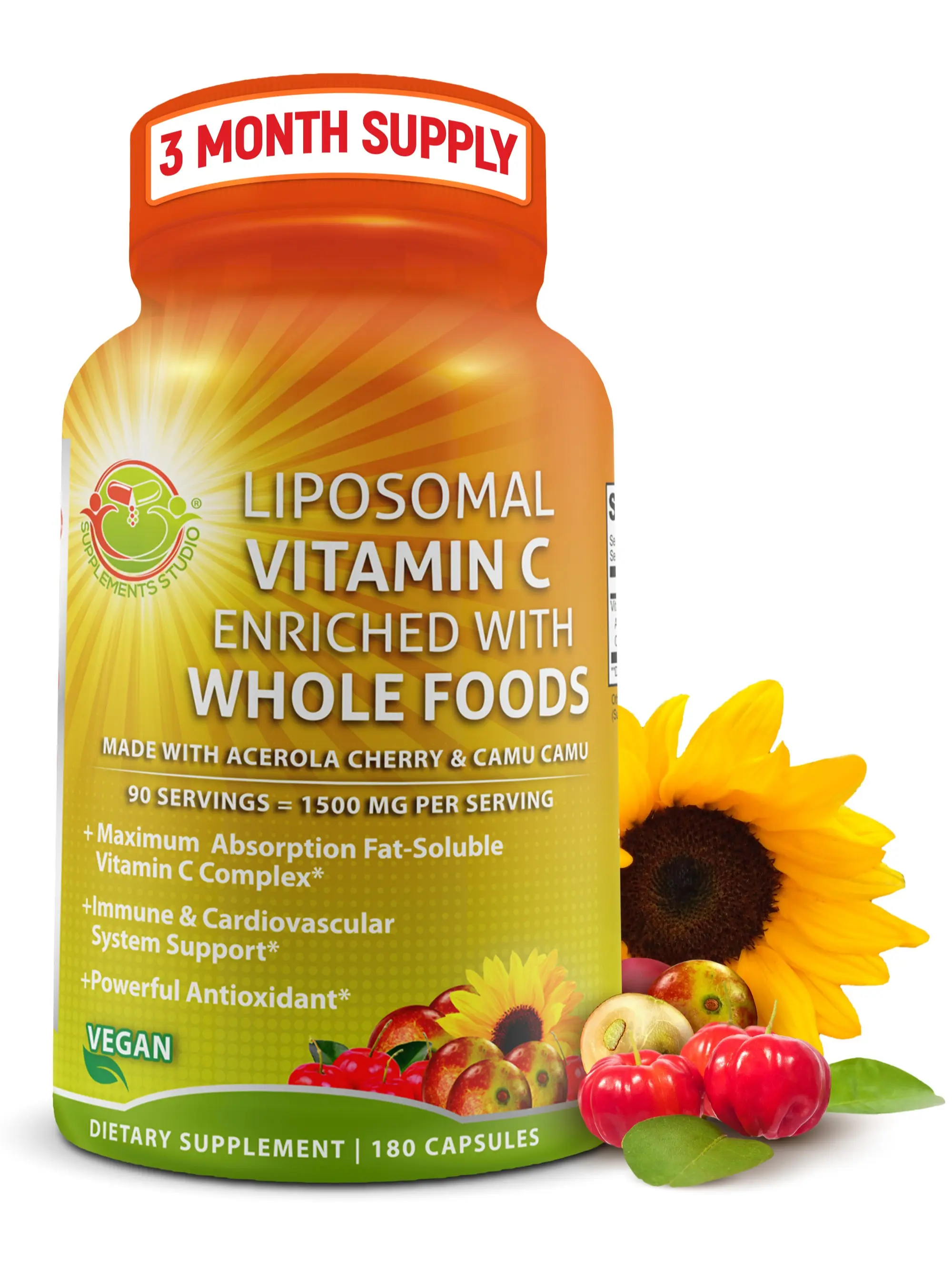 SUPPLEMENTS STUDIO Liposomal Vitamin C 1500mg Capsules - Enriched with Organic Acerola Cherry & Camu Camu - Supports Immune Health - Easy to Swallow - 180 Capsules