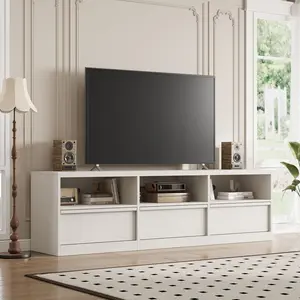 White Mid-Century Entertainment Center, 70 Inch Wide Modern Media Console with Storage Drawer and Open Shelving, Sleek Home TV Stand Suitable for Large Televisions Up to 85 Inches, Stylish Living Room Accent Furniture
