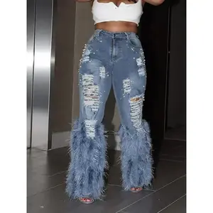 Fashion Women's Tassel Retro Feather High-Waisted Street Casual Denim Pants Spring Tight Hollow Out Long Pants Denim Women's Clothing Comfortable