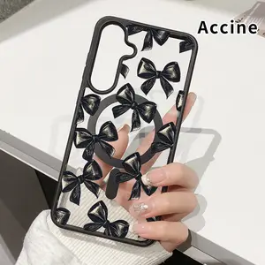 Bow - tie Pattern Magnetic Phone Case Compatible with Galaxy S23 Ultra S24 Plus S25 S22+ FE Anti-Yellowing Shockproof Lightweight Transparent Acrylic Soft Cover Supports Wireless Charging.