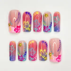 Unique Colorful Flower Medium Square Press On Nail, Custom Design Nail Art, Fake Nail for Birthday, Holiday Vacation Nail, Gift For Her