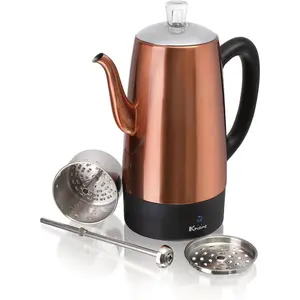 PER12 Stainless Coffee Percolator, 12 Cup, Polished Copper Finish, Gooseneck Spout, Clear Knob, Brewing Indication, Keep-Warm Function, Detachable Cord