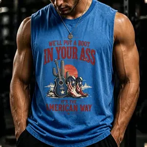 "We'll Put A Boot In Your Ass" Western Tank Top, Cowboy Boots & Guitar Patriotic Graphic Vest, Retro American Way Unisex Casual Sleeveless Streetwear