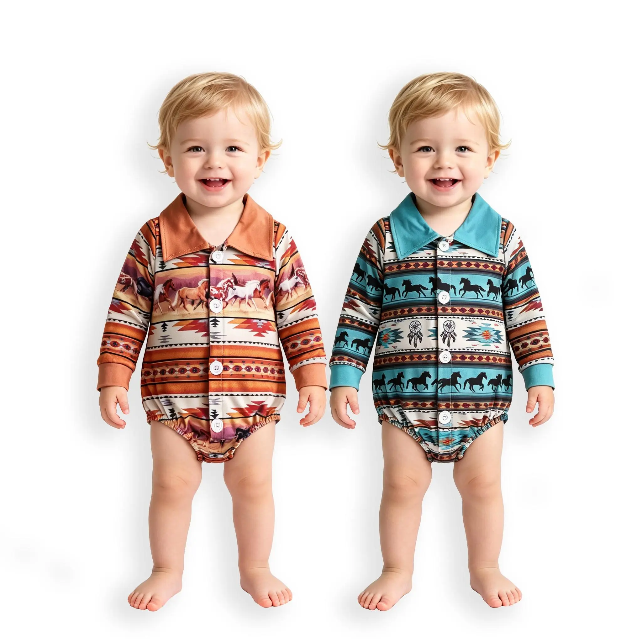 Baby Western Horse All-Over Print Milk Silk Fitted Long-Sleeve Onesie - Toddler Romper, Cute Photo & Playdate Outfit, All-Season Baby Clothing