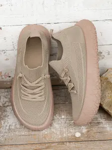 Women's Lightweight Knit Sneakers, Walking Shoes, Round Toe, Thick Sole, Casual Style, All Seasons, Comfortable Mesh, Slip-On Design