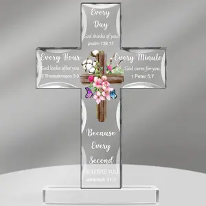 Christmas Gift Acrylic Cross Christian Prayer Standing Cross with Bible Verse and Floral Pattern Inspirational Cross Bible Journey Cross Bible Study Supplies, Church Ceremony Cross Home Decoration Religious Gift for Christian, Women, Men, Grandmother