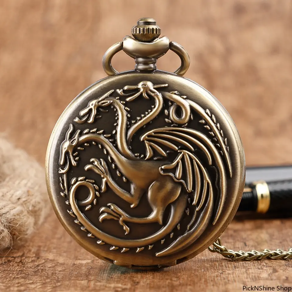 Quartz Pocket Watch Three-Headed Dragon Design Vintage Bronze Antique Retro Necklace Watch