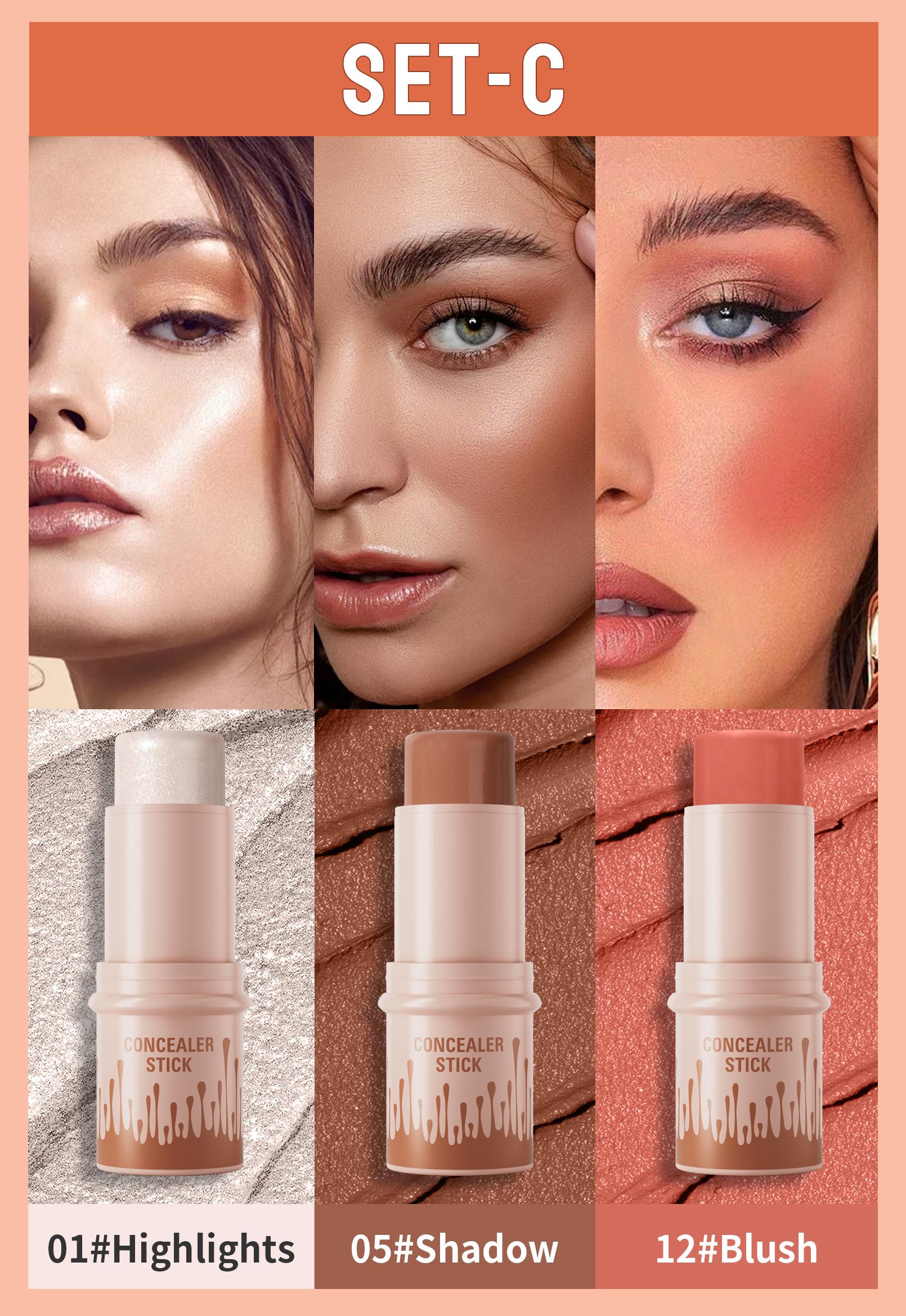 HelloKiss 3-Piece Contour Stick Set Highlight Contour Blush Stick Cream Blush for All Skin Tones Makeup Cosmetic Long-Lasting Transfer-Proof Buildable Formula - Blend, Brush HelloKiss 3-Piece Contour Stick Set Highlight Contour Blush Stick Cream Blush for All Skin Tones Makeup Cosmetic Long-Lasting Transfer-Proof Buildable Formula - Blend, Brush