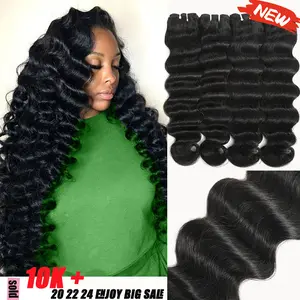 Karlami Hair Bundles Loose Deep Wave Human Hair 3/4 Bundles Deep Curly Wave Body Wave Human Hair Bundles Straight Hair Extensions Natural Black For Women