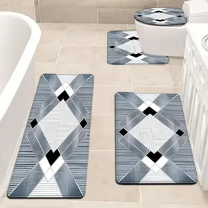 3pcs/4pcs Geometric Gray Lines Bathroom Mat Modern Style Minimalist Style Bathroom Mat Set Toilet Lid Mat And Carpet Bathroom Decoration U-Shaped Foot Pad
