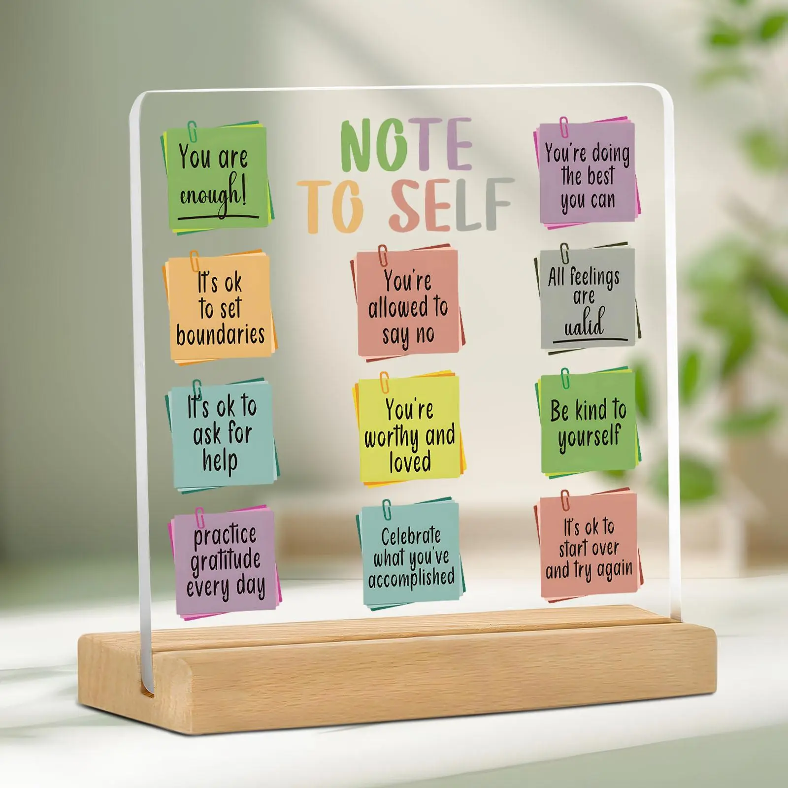 Note To Self Acrylic Signage Plaque with Wooden Base, 1 Count Daily Affirmation Desktop Ornament, Home Decor for Living Room Bedroom Office, Creative Desktop Decoration