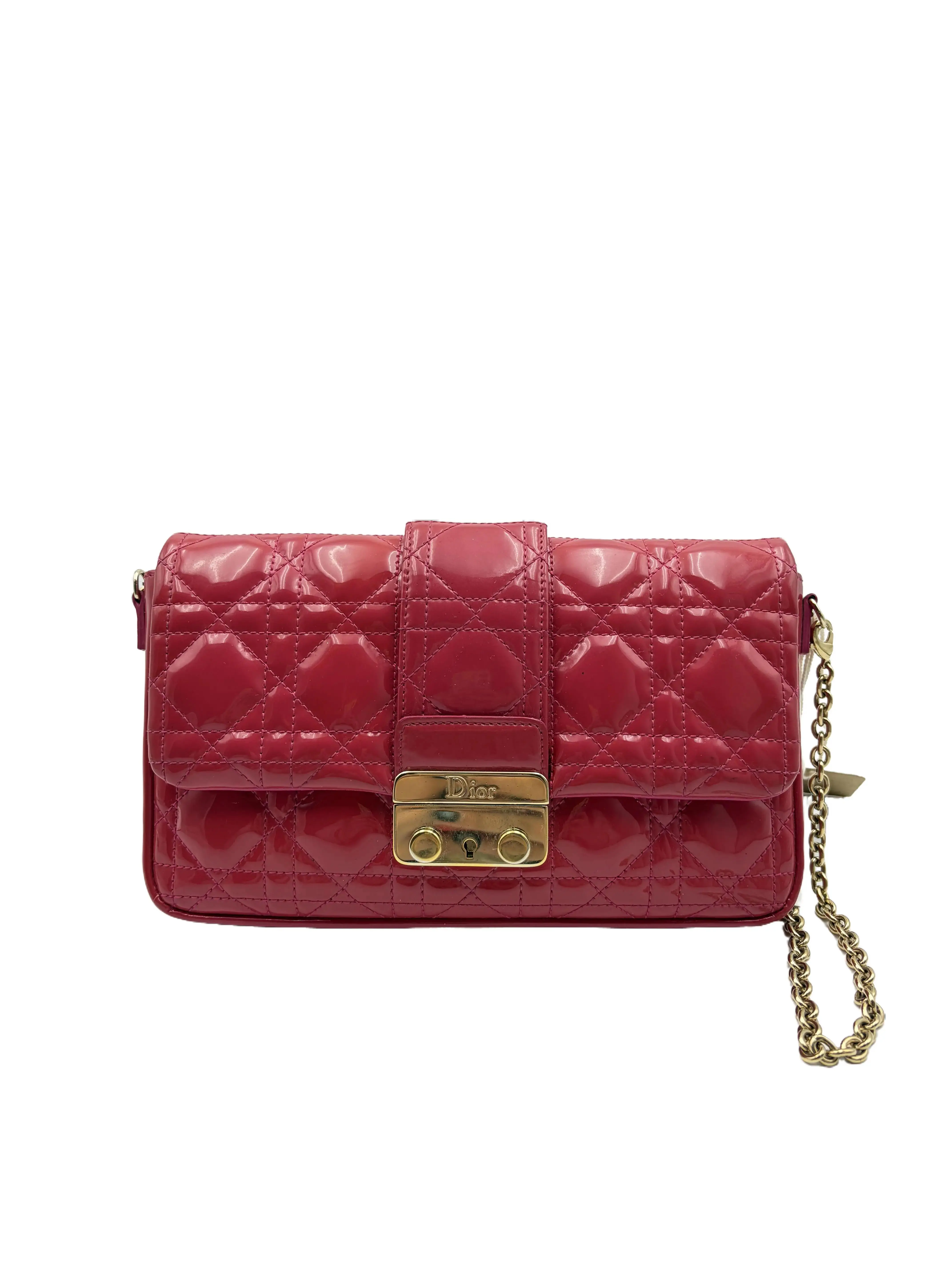 Pre-owned Dior H5 rose/peach patent leather diamond checkered chain bag, belongs to Dior's classic Lady New Lock seriesH16945