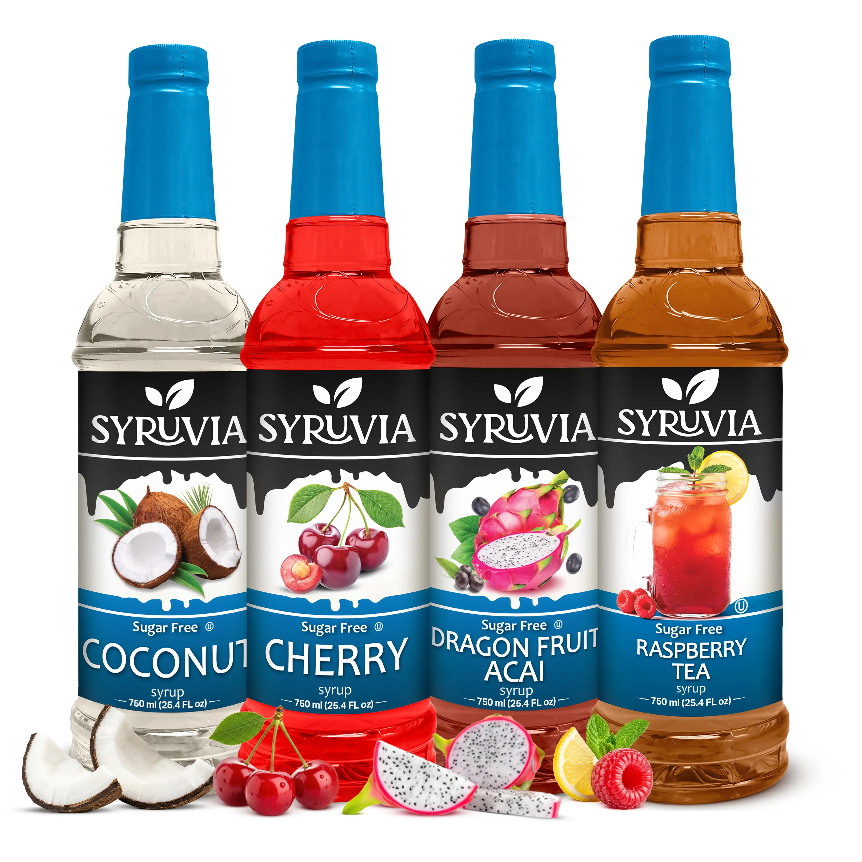 Syruvia Sugar Free Syrup Variety Pack - Coconut, Cherry, Dragon Fruit & Raspberry Tea - Gluten-Free, Kosher, 25.4 fl oz Bottles - Perfect for Teas, Mocktails, Lemonades & More (4-Pack)