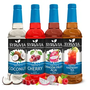 Syruvia Sugar Free Syrup Variety Pack - Coconut, Cherry, Dragon Fruit & Raspberry Tea - Gluten-Free, Kosher, 25.4 fl oz Bottles - Perfect for Teas, Mocktails, Lemonades & More (4-Pack)