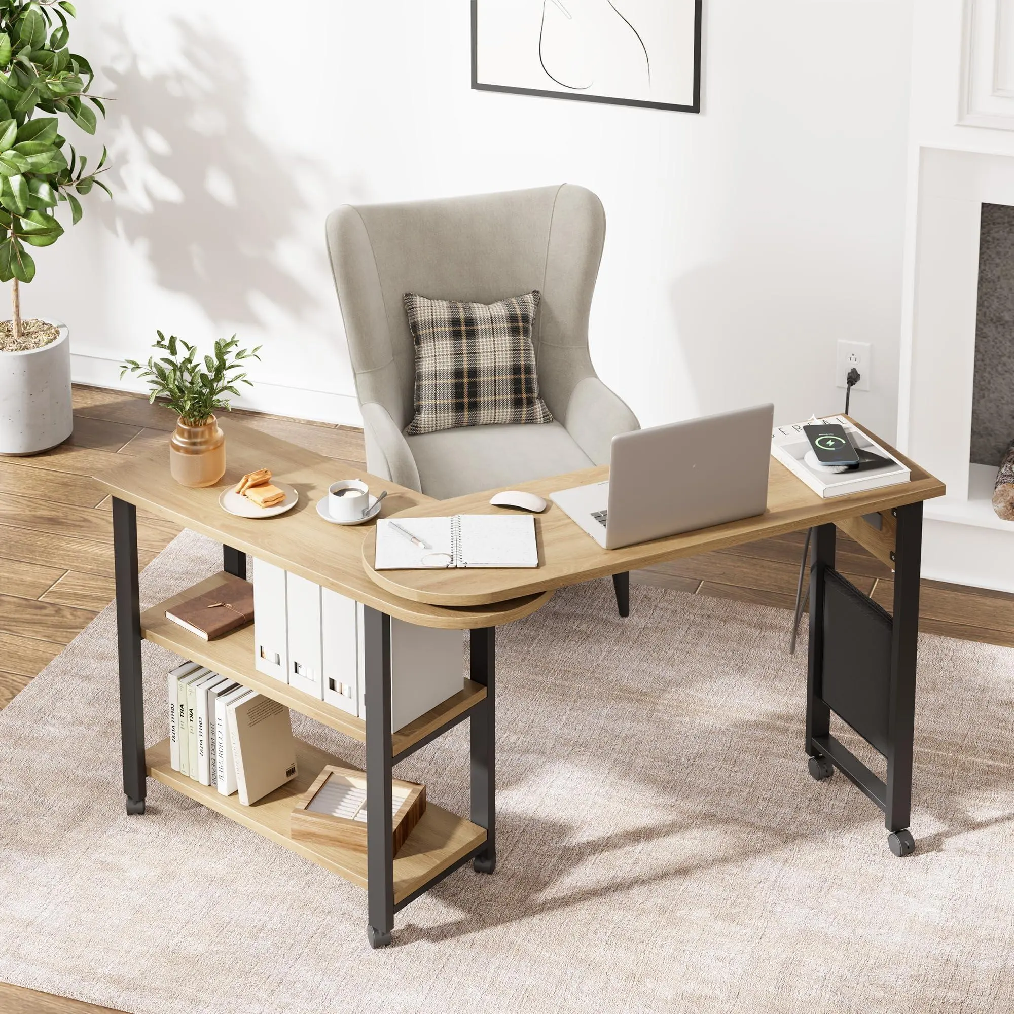 GAOMON 360° Free Rotating Sofa Side Table, End Table with Charging Station on 6 Lockable Swivel Wheels, Movable Bedside Nightstand with Storage Bag for Living Room, Bedroom, Sofa Side Desk