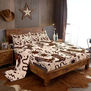 Western Cowboy Bedding Set,Tribal Bull Skull Cactus Snake Bed Sheet for Kids Boys Teens Vintage Rustic Brown Top Flat Sheet Cartoon Stars Sun Print Fitted Sheet 4Pcs