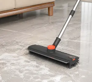 3-in-1 Heavy-Duty Floor Scrub Brush with Long Handle, Stiff Bristles, Squeegee and Scraper - Easy Installation & Use Extendable Cleaning Tool for Bathroom, Kitchen, Tile
