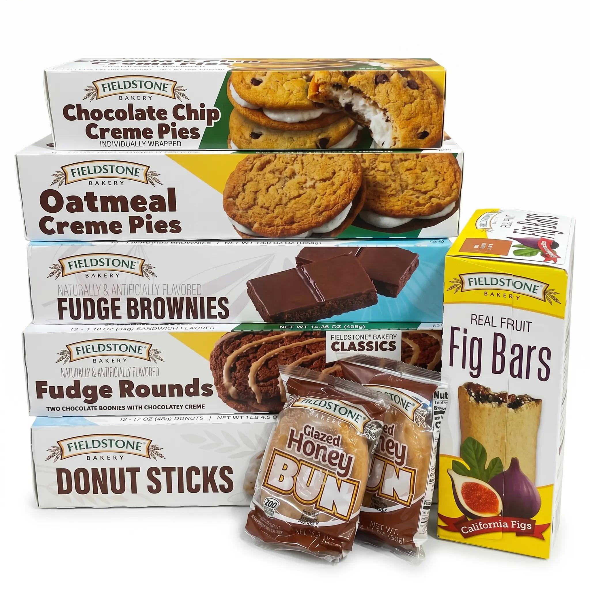 Fieldstone Bakery Snack Cakes & Pastries, Choose Honey Buns, Oatmeal Cream Pies, Chocolate Chip Cream Pies, Fudge Rounds, Fudge Brownies or Donut Sticks